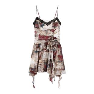 安妮不火蕾丝拼接不规则吊带裙女2024夏季新款微胖大码小众连衣裙