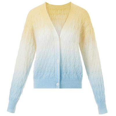 LANCY/朗姿2025年春新款时尚气质马海毛渐变色V领宽松针织开衫女