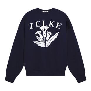 ZELKE泽乐克 春季韩版宽松圆领藏青大码卫衣马蹄莲字母印花女款
