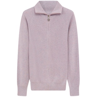 鹿王女士翻领拉链山羊绒外套纯色百搭条纹针织秋冬季保暖休闲开衫