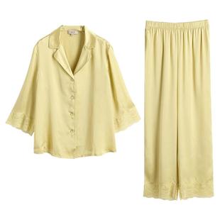 礼物】金三塔真丝睡衣女桑蚕丝V领中袖蕾丝舒适衣裤套家居服