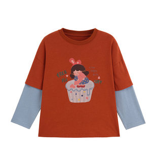 砚台家女童假两件纯棉卡通长袖T恤2026春装新款宝宝宽松百搭上衣