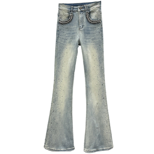 镶钻牛仔长裤女潮2026年春季新款高腰修身显瘦百搭ins烫钻微喇裤