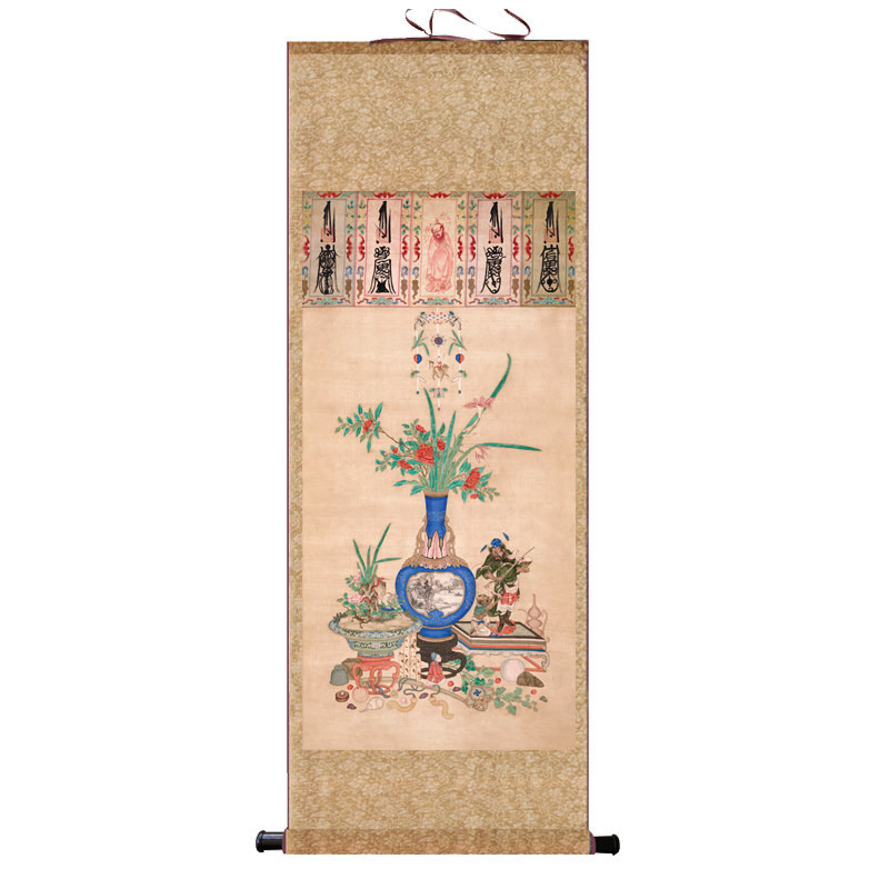 荷亭奕钓仕女图丝绸卷轴画复古国画花鸟画轴装饰画客厅书房挂画