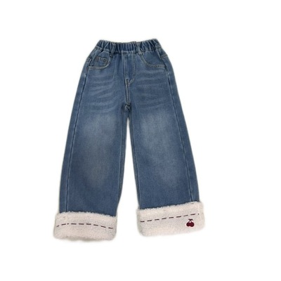 女童加绒牛仔阔腿裤冬季一体绒裤