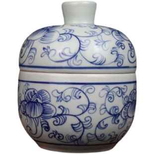 中式青花瓷釉下彩缠枝莲盖罐茶罐陶瓷茶缸旅行储茶罐内部施釉