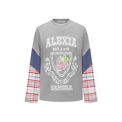 严浩翔同款Alexia Sandra秋季草莓印花撞色拼接格子长袖T恤女上衣