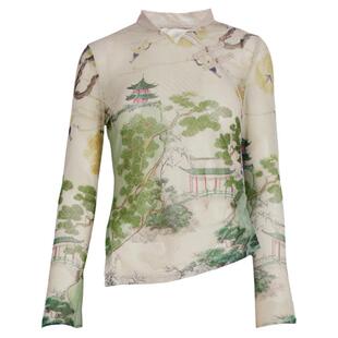 秸熙秋冬新款复古轻国风网纱衣水墨印花不对称斜摆显瘦打底衫t恤