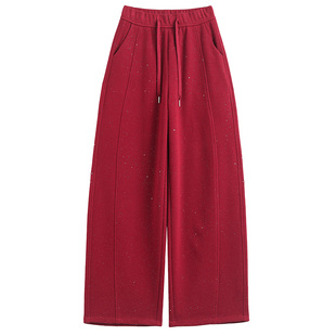 超好看大红色裤子满天星烫钻阔腿裤女抽绳宽松显瘦百搭垂坠感长裤