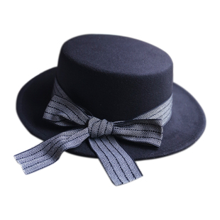 千鸟格英伦学院风平顶帽子女秋冬天礼帽羊绒呢帽蝴蝶结复古潮帽子