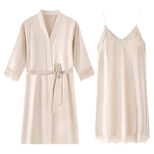 猫人夏季睡裙女七分袖冰丝吊带丝绸睡袍薄款春秋款睡衣两件套