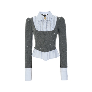 lefame拉飞姆冬季设计感针梭织拼接烫钻灰蓝色针织外套女上衣