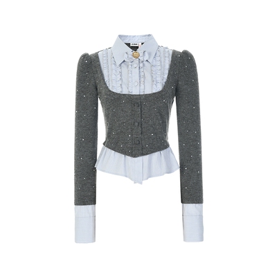 梭织拼接烫钻灰蓝色衬衫上衣