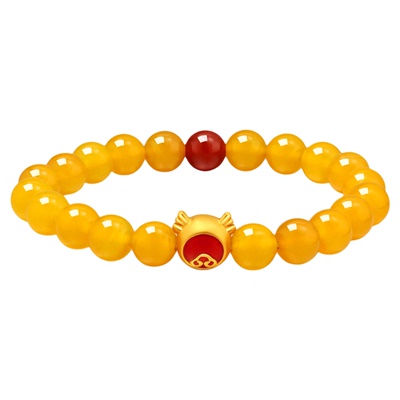 老庙黄金足金红鎏彩鸿运当头如意龙首玉髓手串3D万事顺意生肖礼物