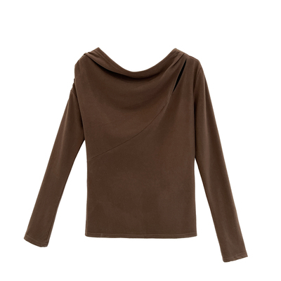 咖色镂空一字肩荡领长袖T恤女秋