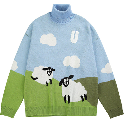 GUUKA蓝天白云小羊提花毛衣