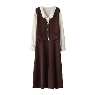 绮娑冬装新款法式气质收腰A字长裙拼接假两件大码胖MM磨毛连衣裙