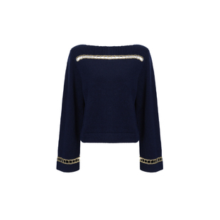 Bettychow 小香风中古海军蓝羊绒镂空毛衣高级感重工宽松轻奢上衣