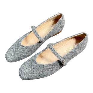 法式方头呢子浅口单鞋女秋冬季一字带仙女毛绒气质中跟毛毛鞋外穿