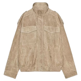 ZA外贸出口女装美式砂石浅棕色休闲绒面质感皮革外套4341770 737