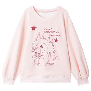 KEIKO 少女感美学粉色圆领卫衣春季趣味印花圆领套头宽松上衣外套