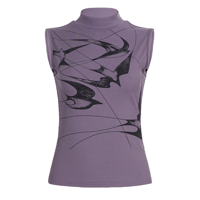 IAEY美式复古晕染燕子印花紫色无袖针织背心女夏季小众古着感上衣