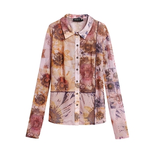 Desigual26秋冬新品弹力修身粉色斑驳花卉印花长袖女式衬衫