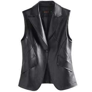 海宁真皮马甲女士短款西装领背心修身显瘦坎肩绵羊皮无袖皮衣外套