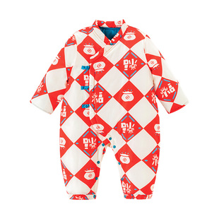 欢喜小熊婴儿冬季红色连体衣新生儿过年衣服宝宝红色喜庆哈衣爬服