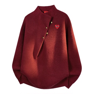 查尔斯桃心圣诞红色纽扣针织衫男女新款冬季保暖休闲情侣慵懒毛衣