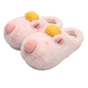 细细条可爱卡皮巴拉亲子毛毛鞋防滑室内外男童女童冬季儿童棉拖鞋