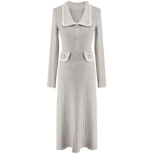 SYT俏皮可爱 小香风翻领显瘦针织连衣裙女秋冬设计感高腰打底长裙