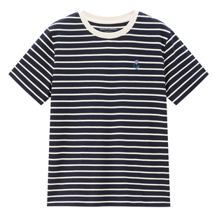 佐丹奴航海系短袖T恤女夏季新款纯棉条纹绣花圆领上衣 05325390