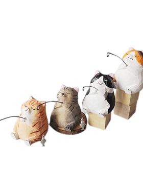 木雕摆件小猫钓鱼纯实木手工雕刻小猫咪桌面工位车载木质工艺品