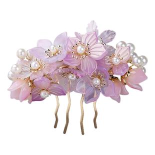 古风插梳花朵头饰古典琉璃簪花饰品踏青写真发饰汉服发梳配饰百搭