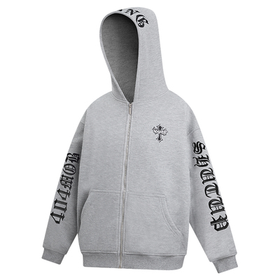 404MOB华夫格银狐绒加绒加厚连帽开衫卫衣男宽松美式哥特潮牌外套