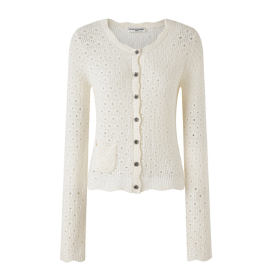 DIANAVEVINA2026春季新款提花镂空V领针织开衫女短修身羊毛绒毛衣