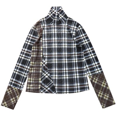 错落拼色高领格纹网纱打底T恤