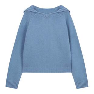 solighter法式全羊毛蓝色v领连帽毛衣女秋冬2025新款套头针织上衣