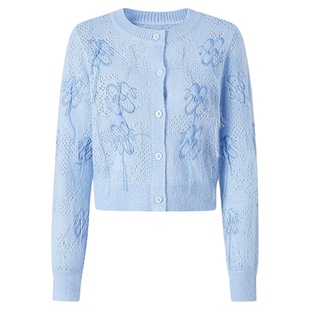 商场同款 摩萨克春刺绣挑孔流苏logo毛针织开衫上衣女