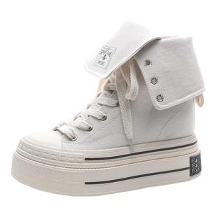 厚底两穿帆布长靴女2025春季新款内增高12CM时尚休闲高筒靴子显瘦