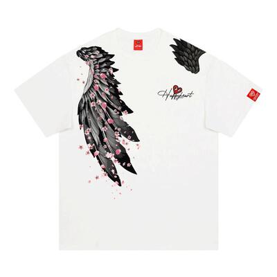 查尔斯桃心 美式嘻哈复古高街羽毛翅膀纯棉短袖T恤男女夏季情侣