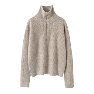 宽松休闲羊绒衫女半拉链翻领加厚保暖花纱针织毛衣减龄显瘦打底衫