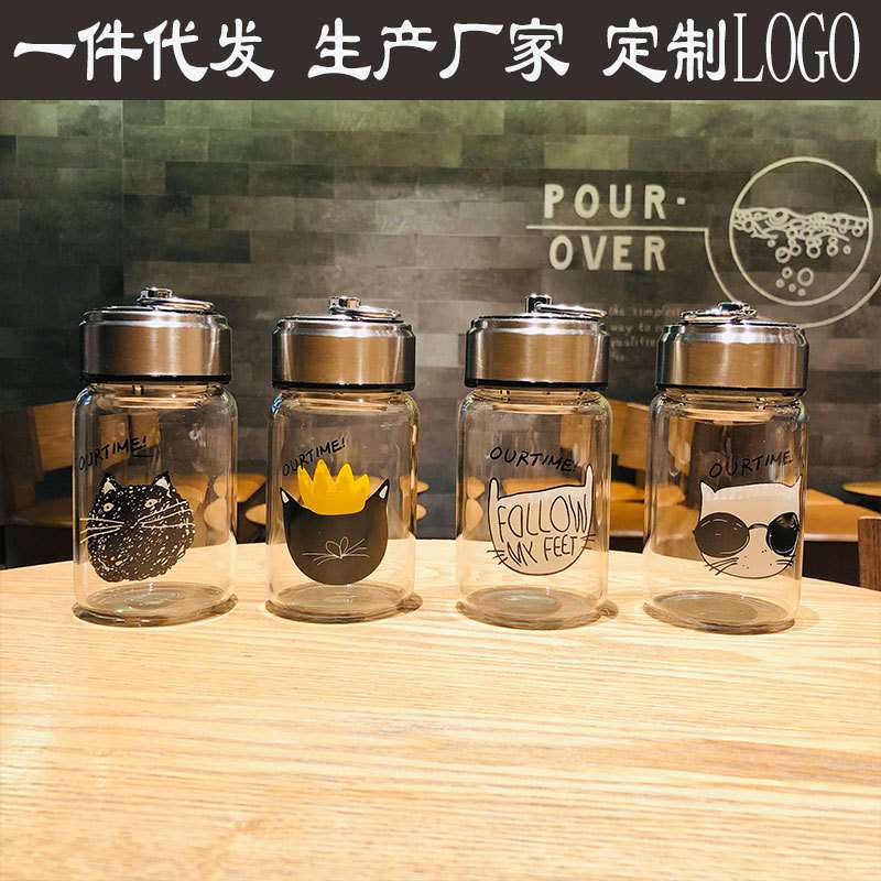猫咪玻璃杯子男女便携可爱韩茶杯摆地摊学生网版泡水瓶随手红ins
