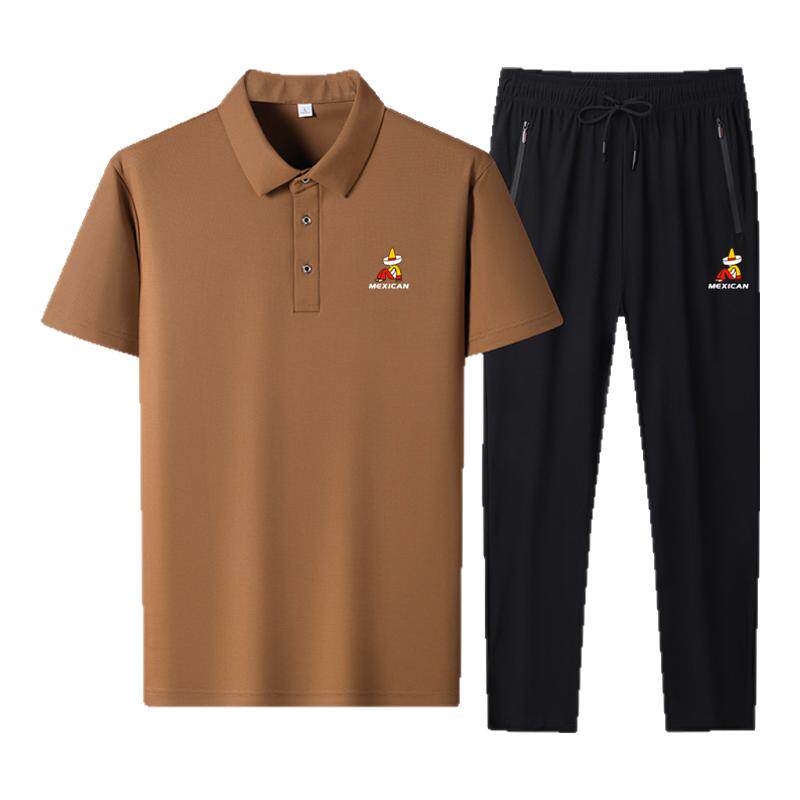 稻草人品牌中老年运动套装男士夏季冰丝休闲POLO短袖两件套爸爸装