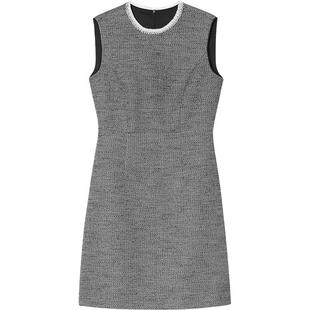 LK BENNETT黑灰色连衣裙冬新款复古优雅圆领肌理感收腰短款