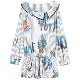 KEIKO 俏皮字母印花条纹衬衫裙26春季设计感小众宽领花苞连衣裙