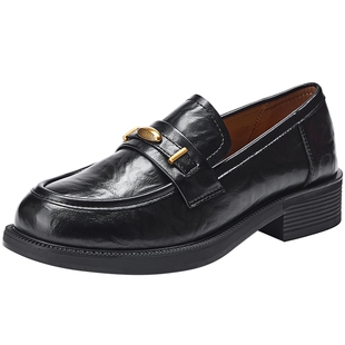 热风厚底乐福鞋女2026年春季新款英伦风黑色小皮鞋百搭配裙子女鞋