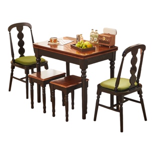 中古风折叠桌实木小户型餐桌家用法式复古伸缩靠墙省空间吃饭桌子
