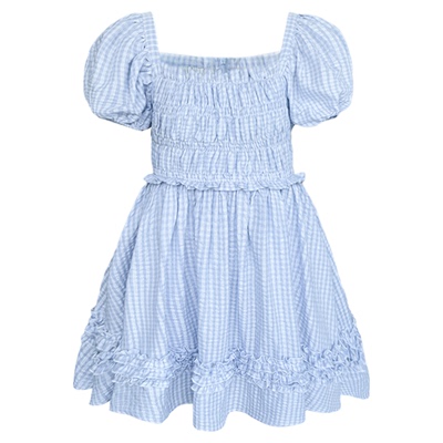 Narratorgirls蓝色格纹荷叶边方领泡泡袖连衣裙短裙甜美少女